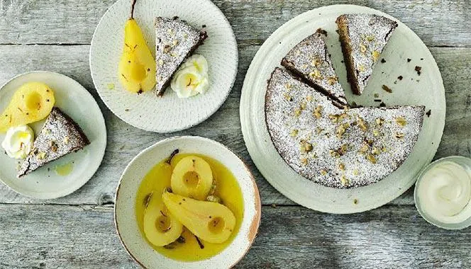 Flourless walnut cake with poached pears