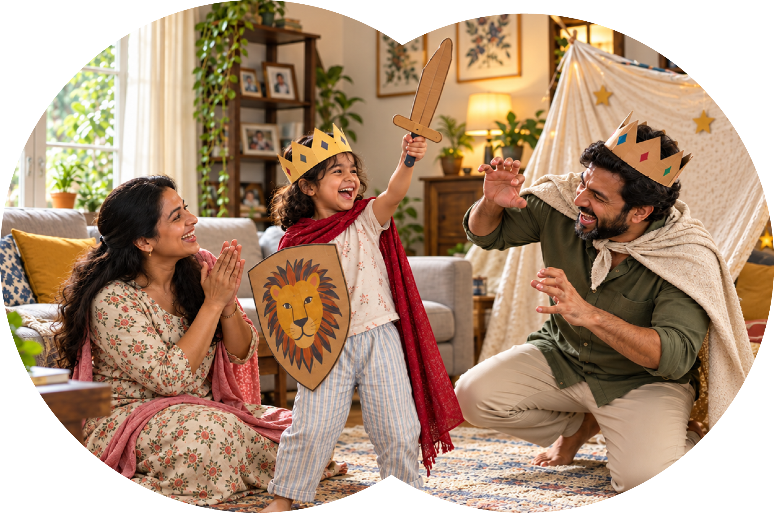 Family playing a make-believe knight game together